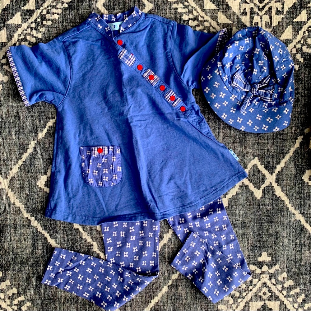 Blue Matching Floral Leggings, Shirt and Hat Set
